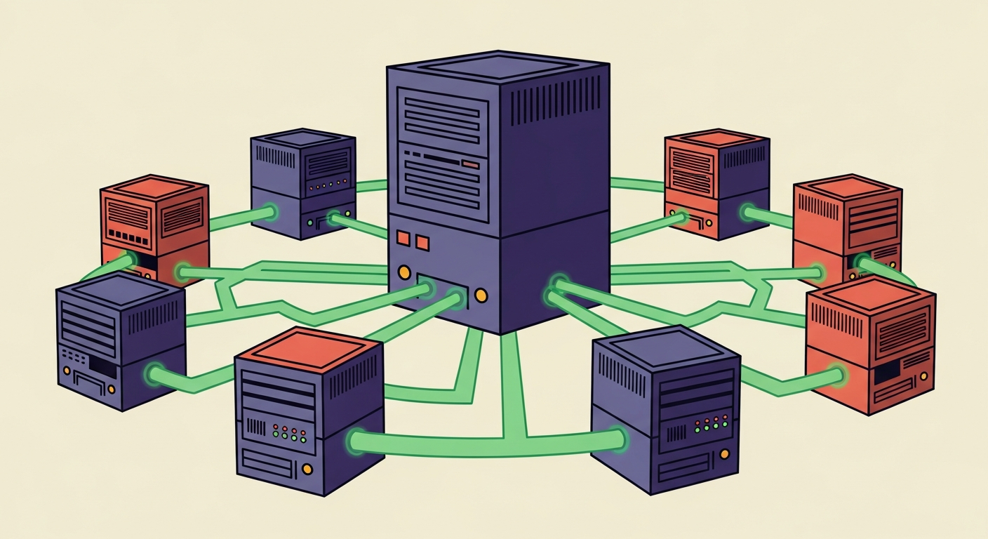 An illustration showing a network of email servers with a central server, indicating a robust and validated ARC chain through green connections.