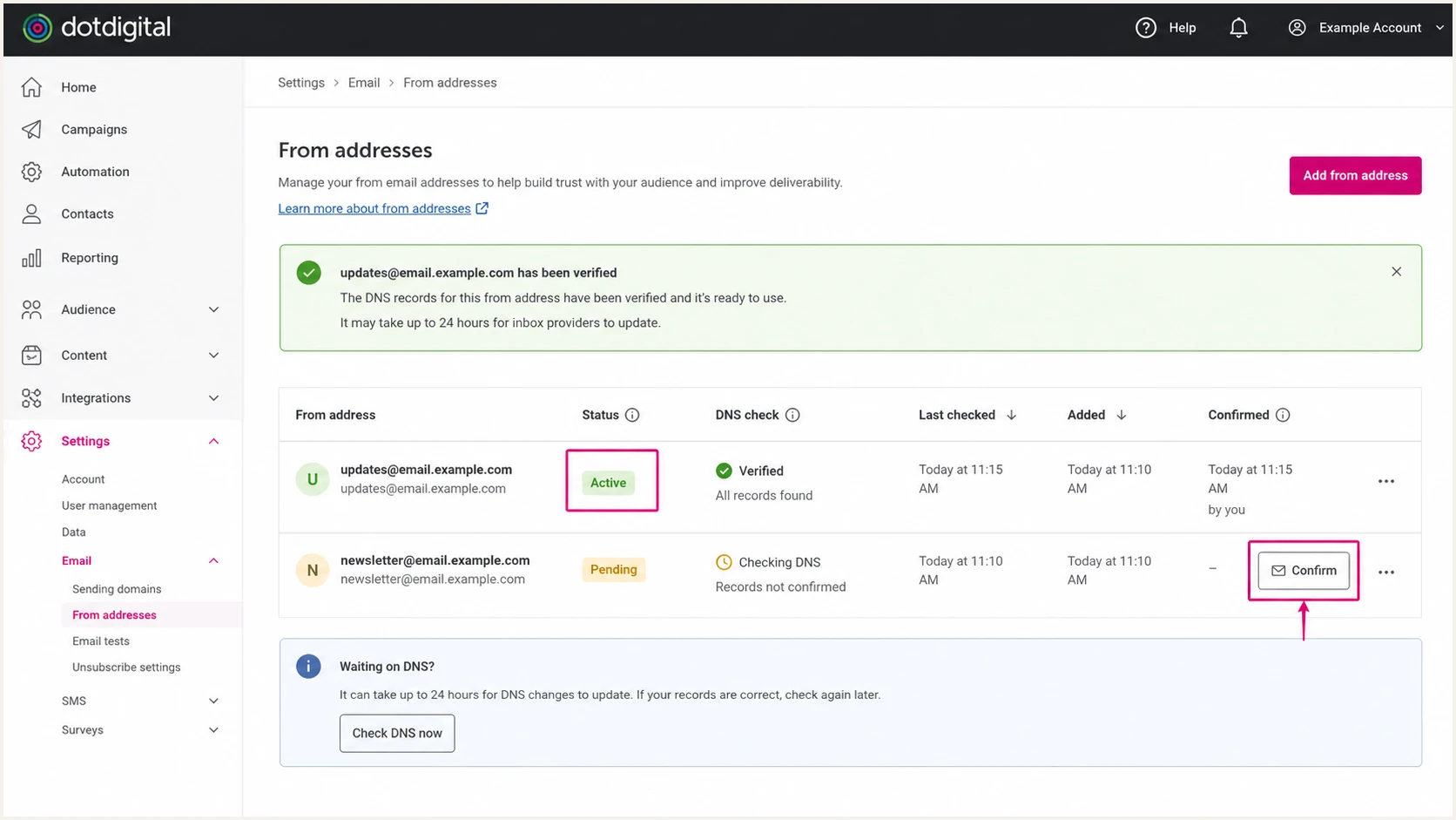 Dotdigital From addresses screen showing an active verified CFA