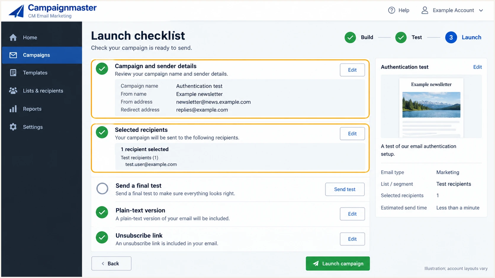Illustration of Campaignmaster's launch checklist for a one-recipient authentication test.