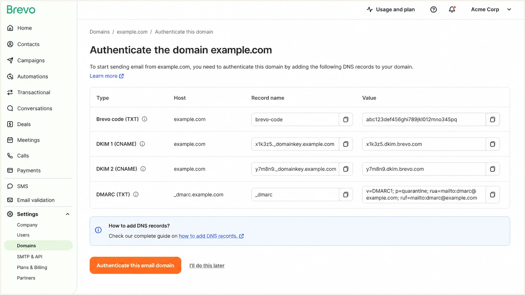 Brevo manual authentication screen with verification and DKIM records