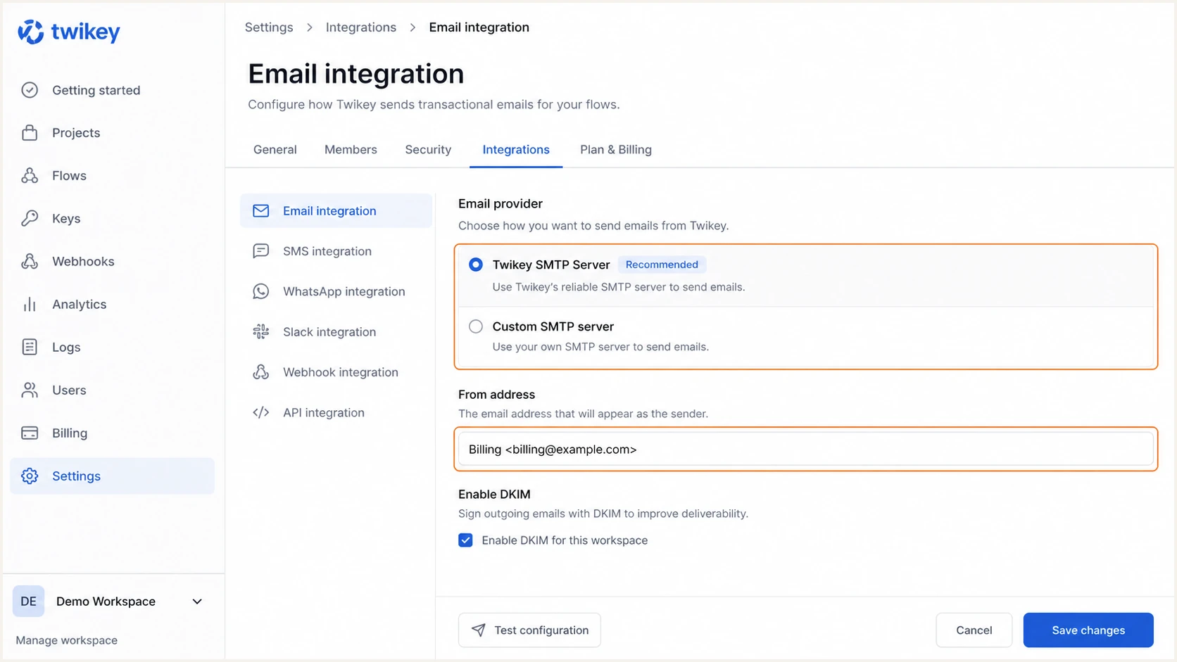 Twikey email integration and From address settings
