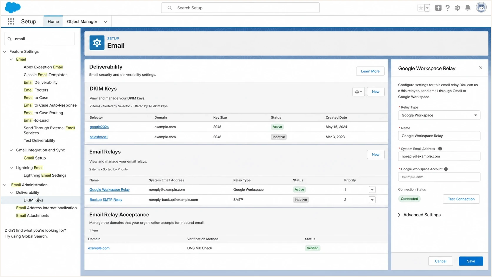 Salesforce Setup with DKIM Keys and Google Workspace email relay settings.