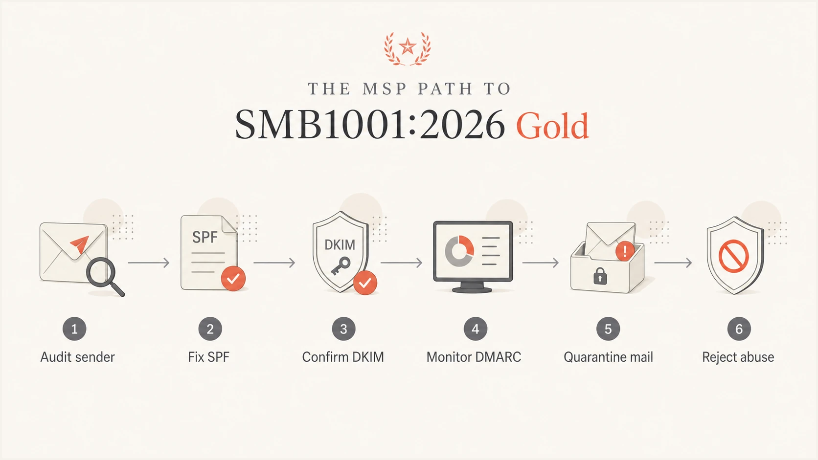 Flowchart showing the MSP path from sender audit to DMARC reject.