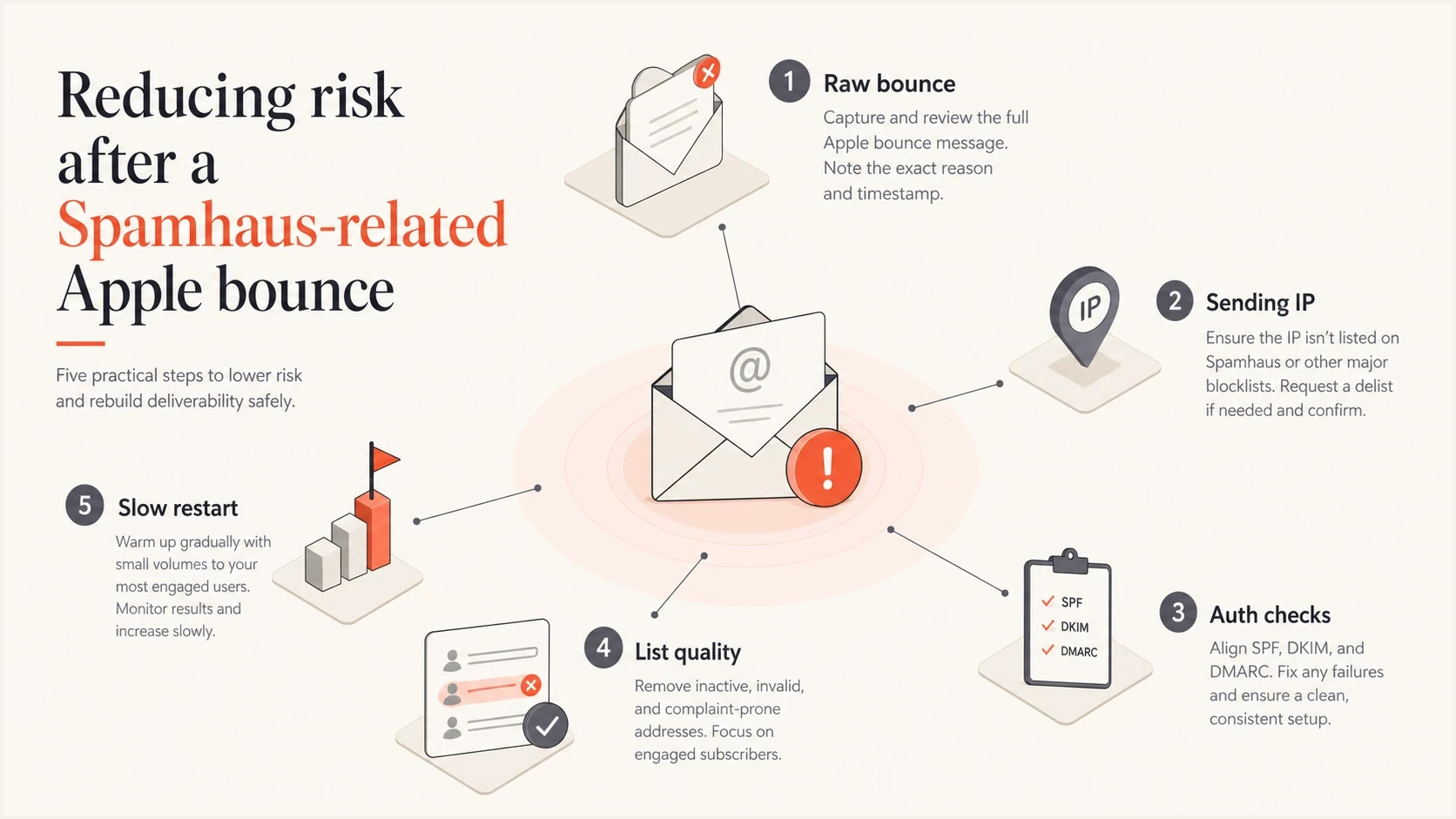 Infographic showing risk checks before restarting Apple email volume.