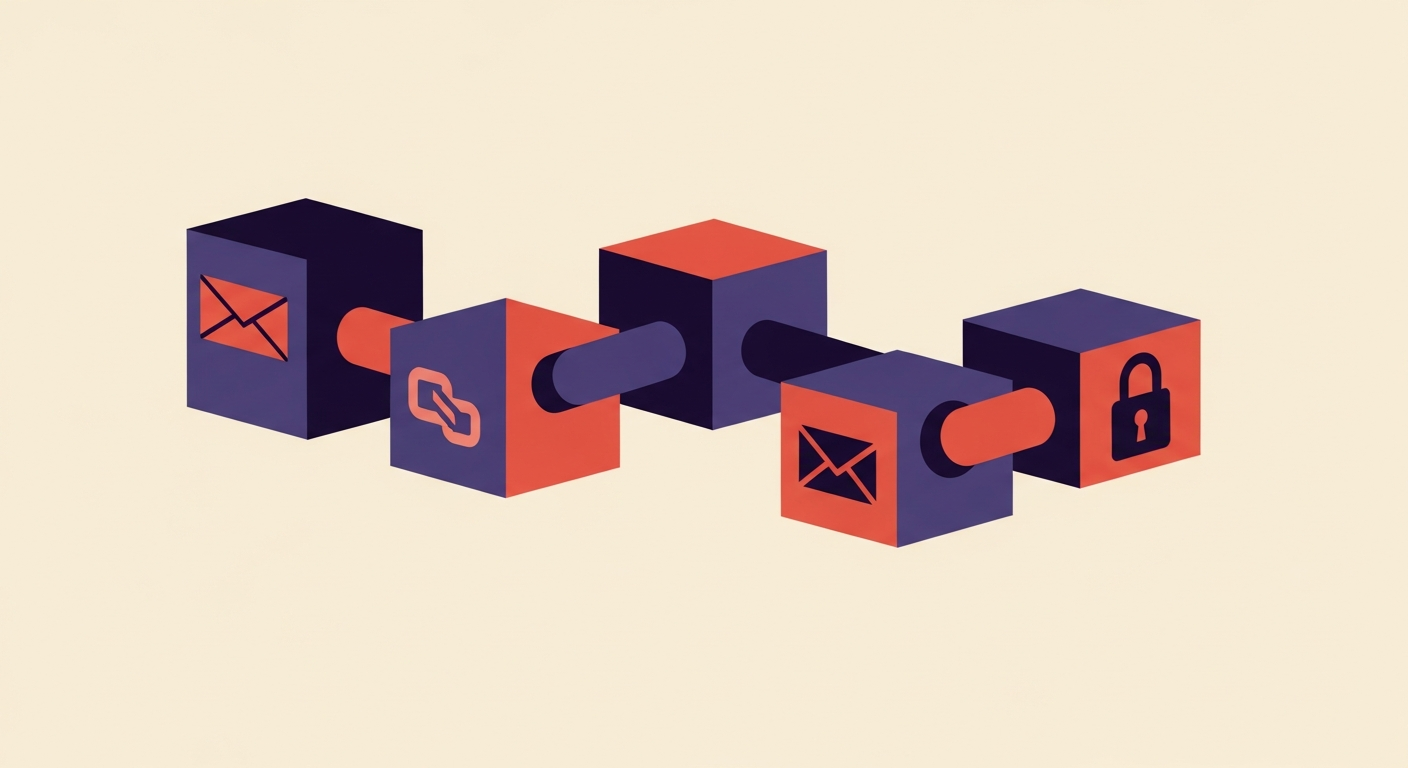 An illustration depicting the Authenticated Received Chain (ARC) as a series of securely linked blocks, demonstrating preserved email authentication.