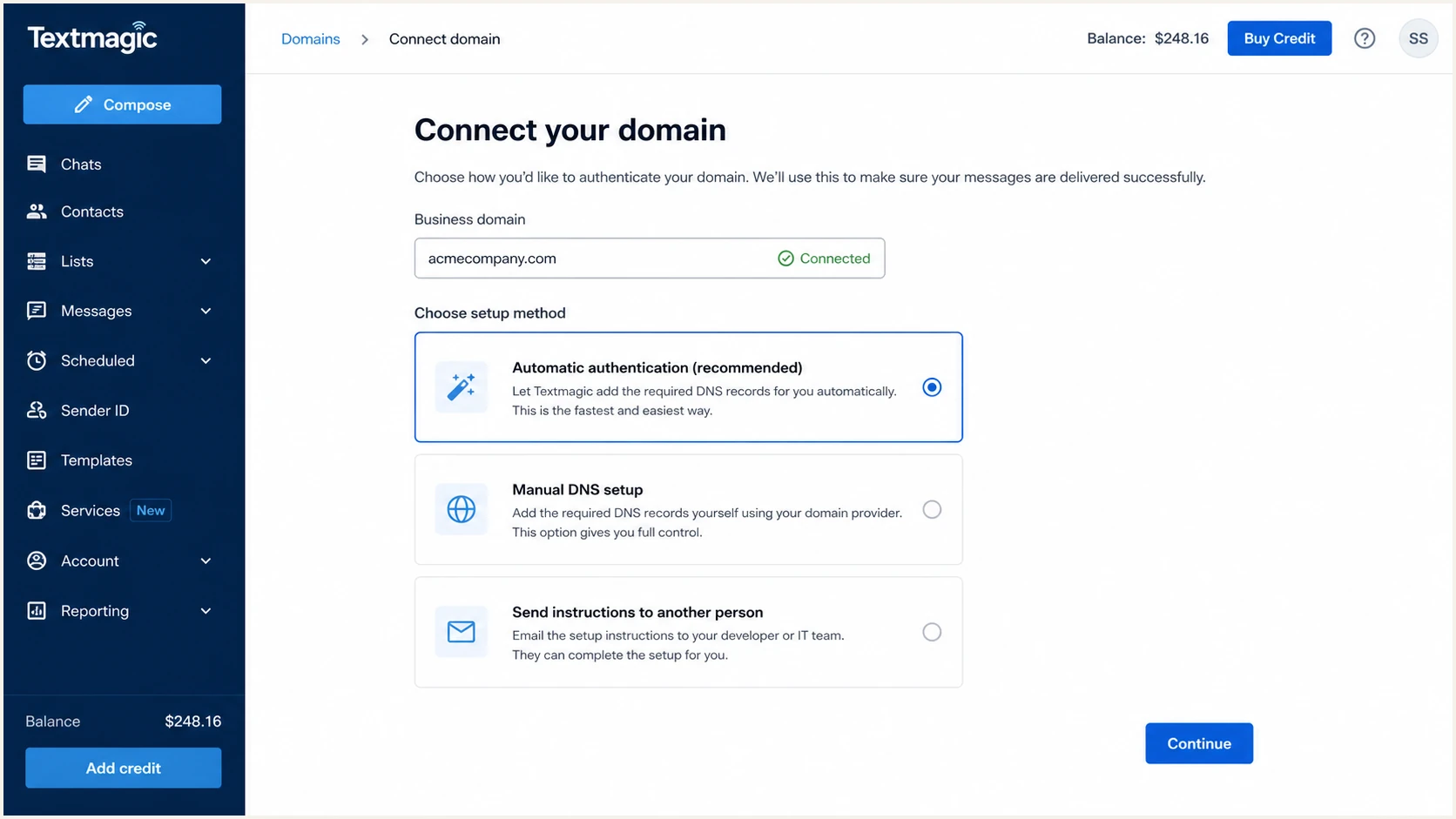 Textmagic domain authentication options for automatic and manual setup