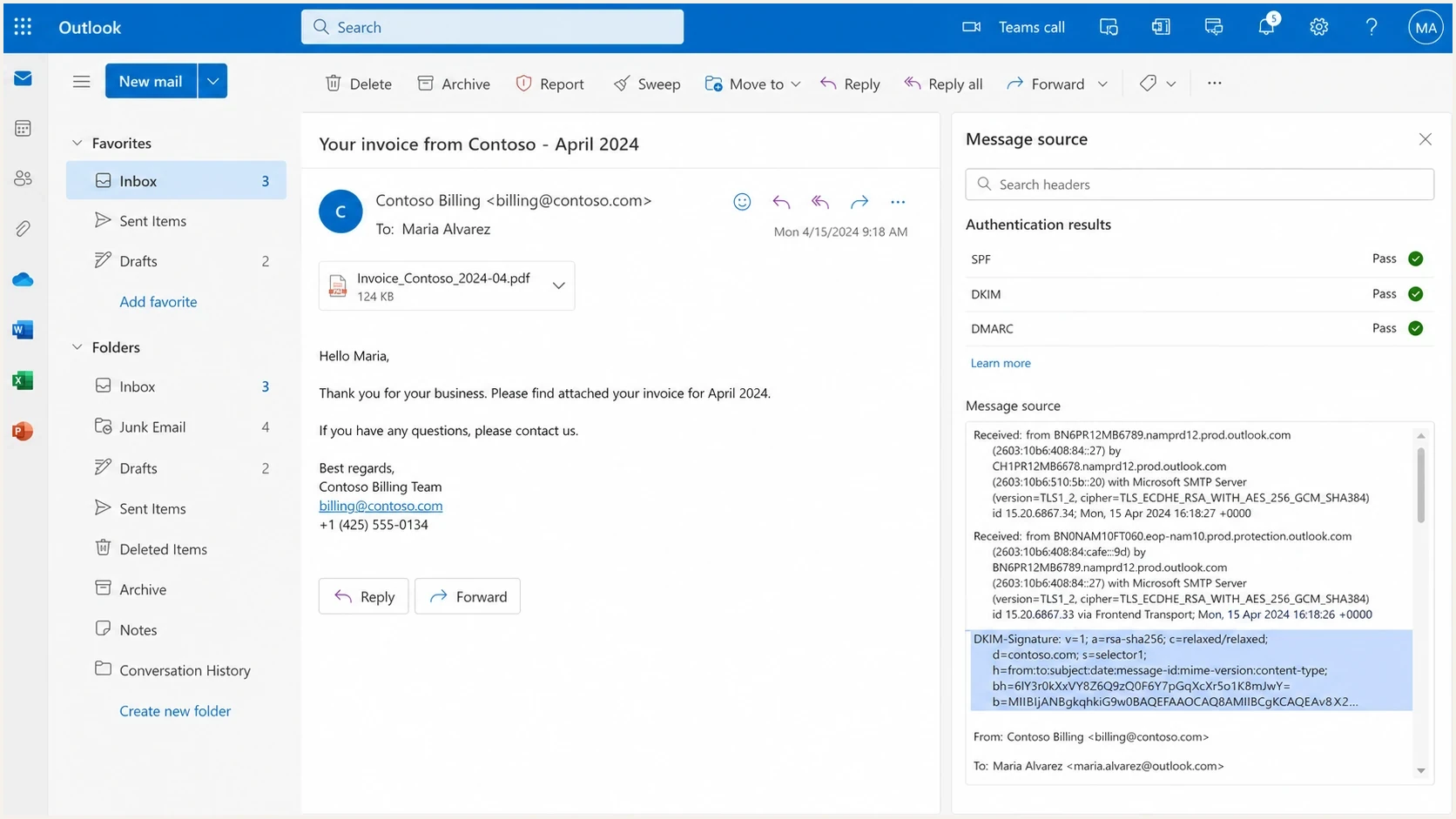 Microsoft Outlook on the web showing message headers and authentication results.