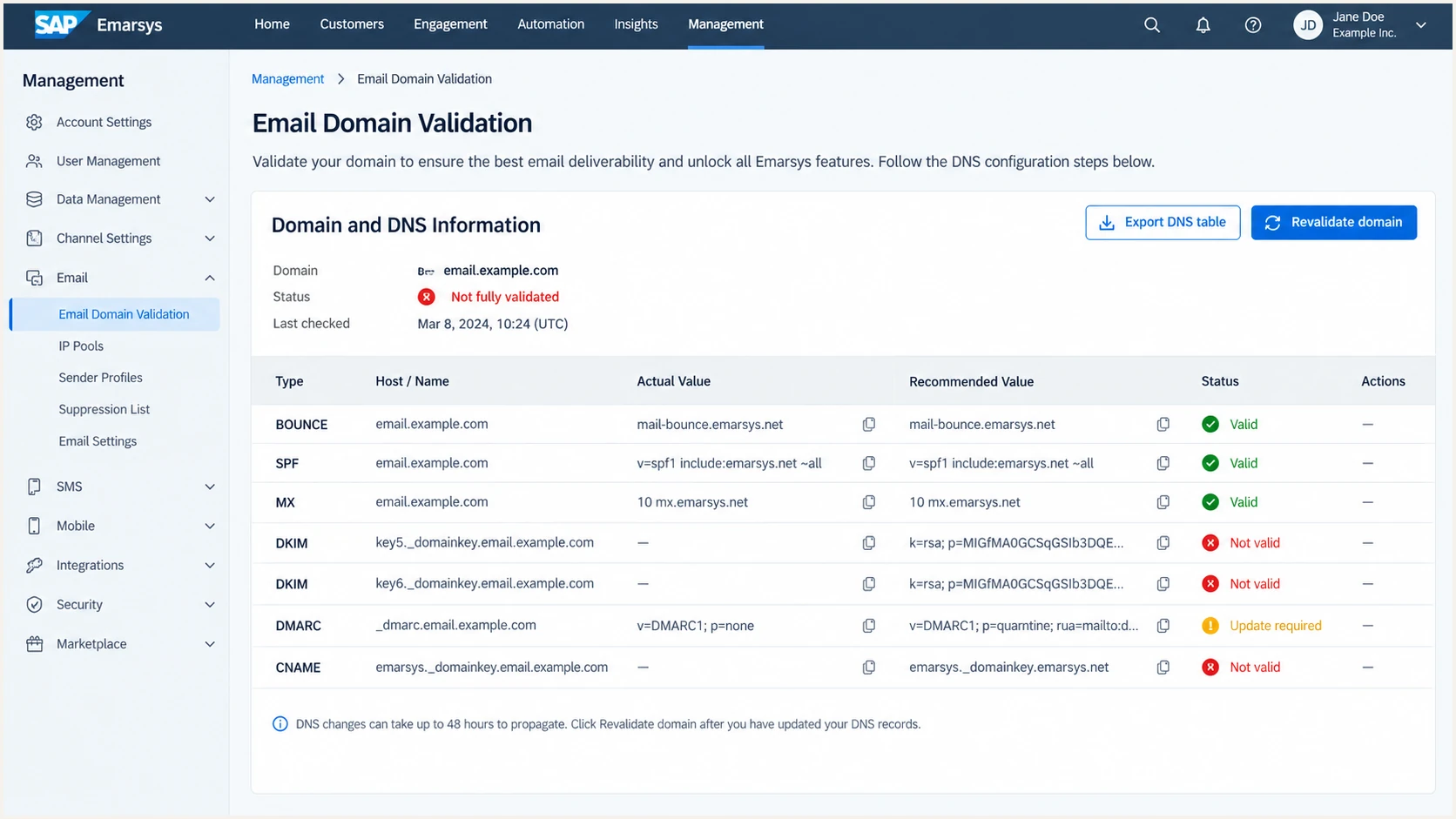 SAP Engagement Cloud DNS information showing two DKIM selector checks