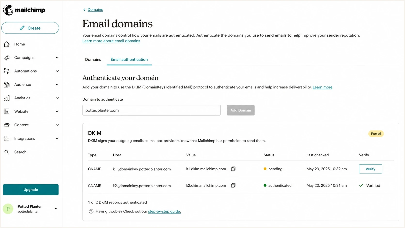 Mailchimp domain authentication screen with DKIM CNAME records and verification status.