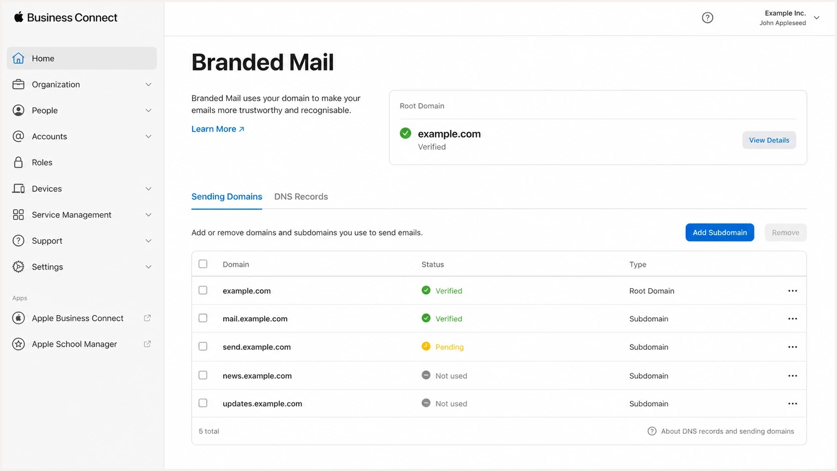 Apple Business Connect Branded Mail screen for managing root domains and subdomains.