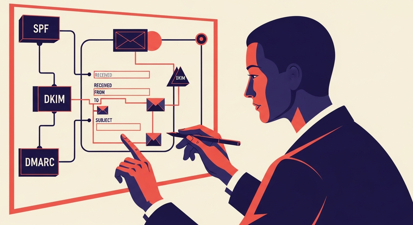 An expert analyzes SPF, DKIM, and DMARC email authentication diagrams