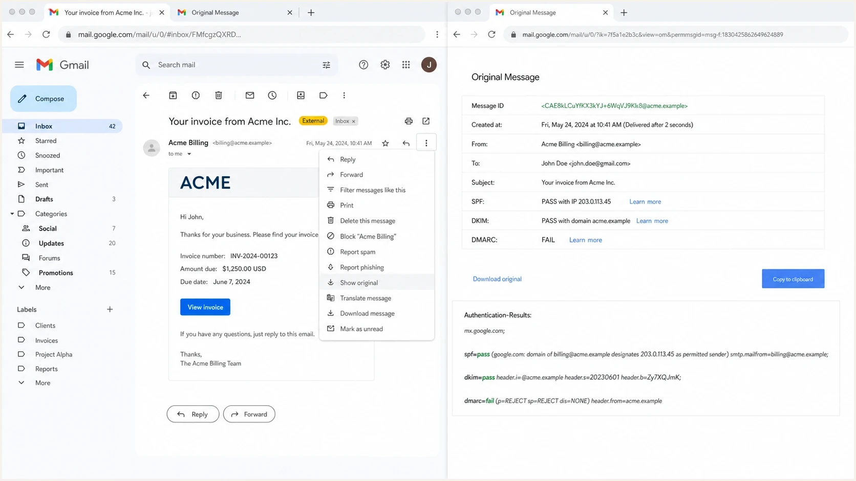 Gmail Show original view with SPF, DKIM, and DMARC authentication results.
