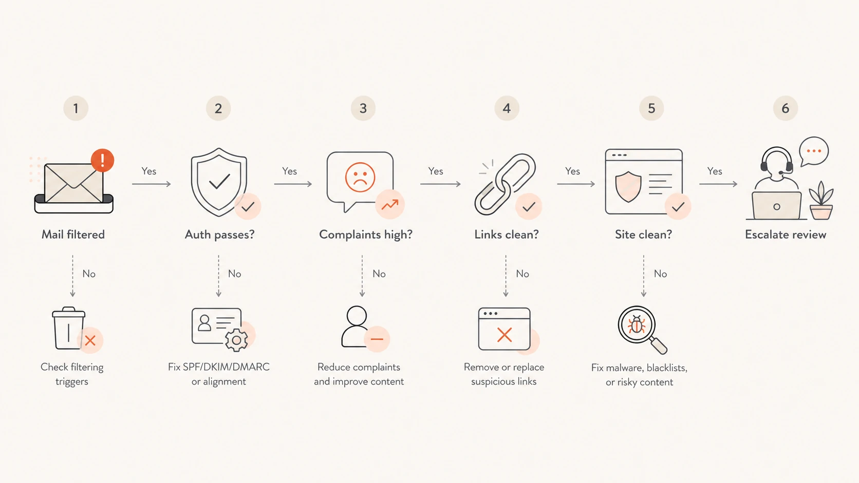 A six-step flowchart for deciding whether SEO-related issues are affecting email deliverability.