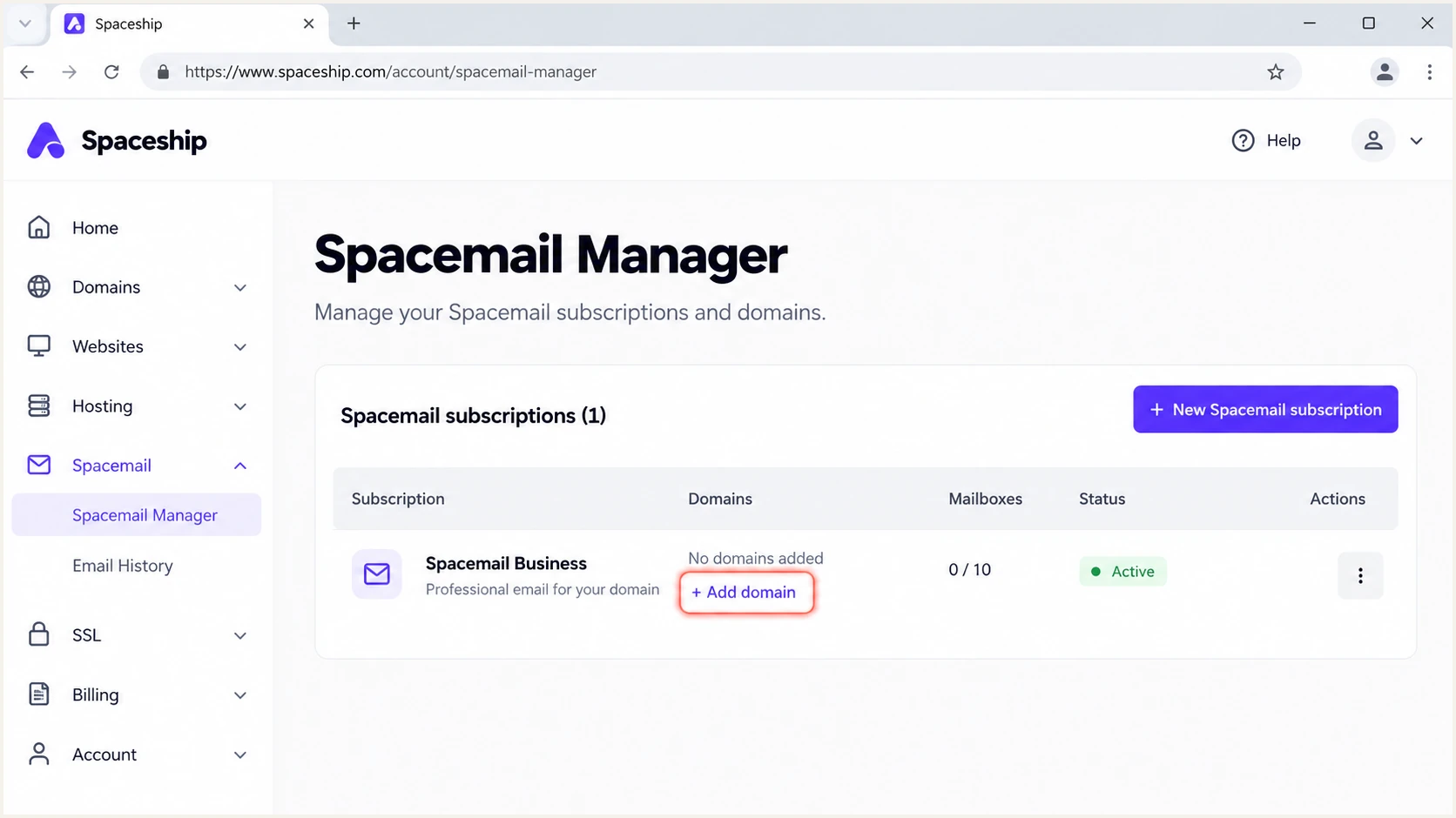 Open +Add domain on an unconfigured Spacemail subscription.