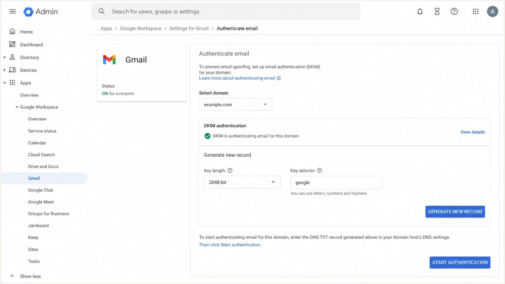 Google Admin console DKIM authentication screen for a client domain