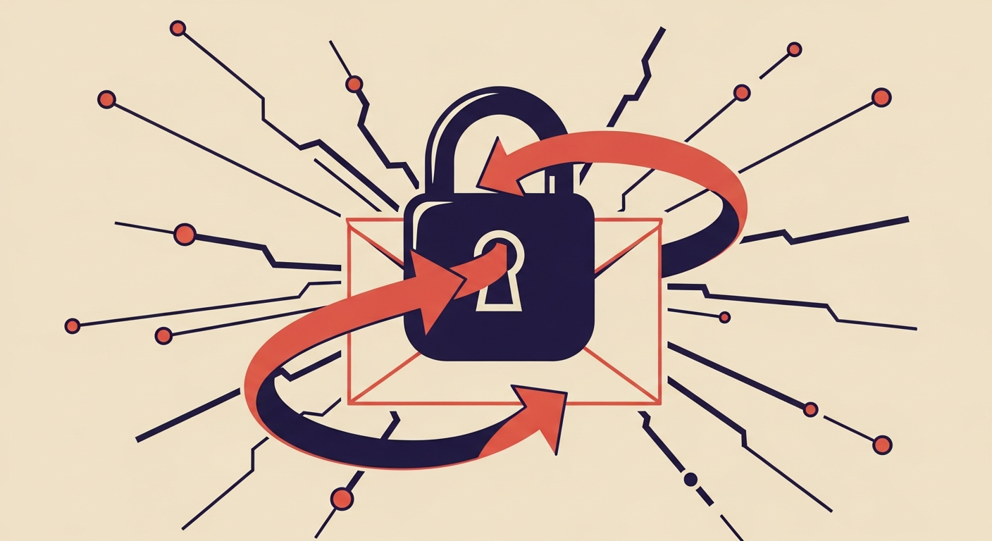 Stylized illustration of email security, showing a padlock protecting an envelope with network connections, representing MTA-STS.