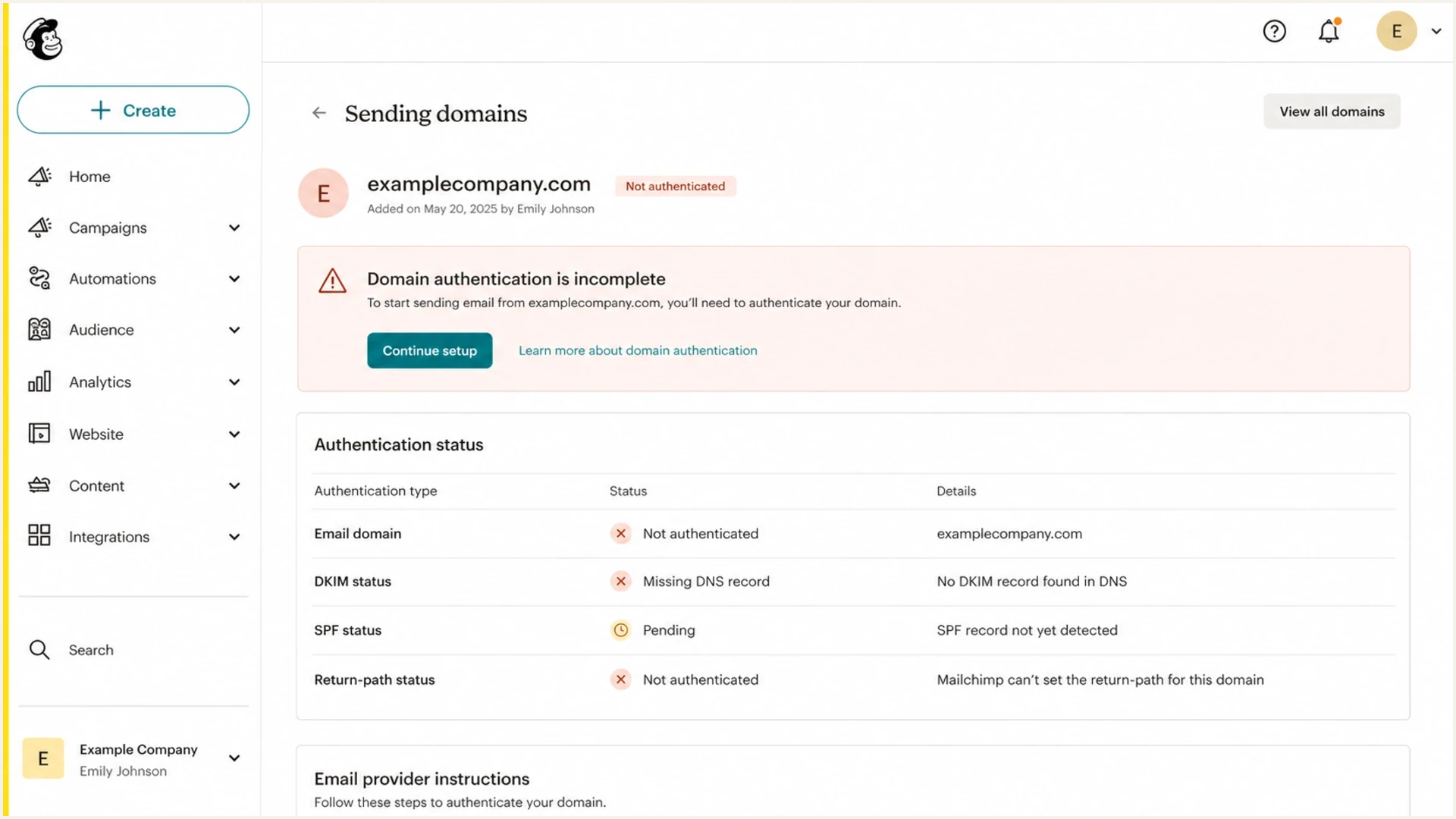 Mailchimp domain authentication settings with incomplete DKIM setup.