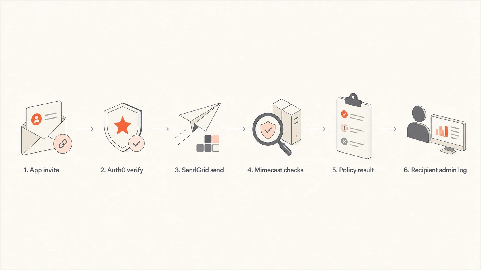 Flowchart showing how an Auth0 verification email reaches Mimecast through SendGrid.