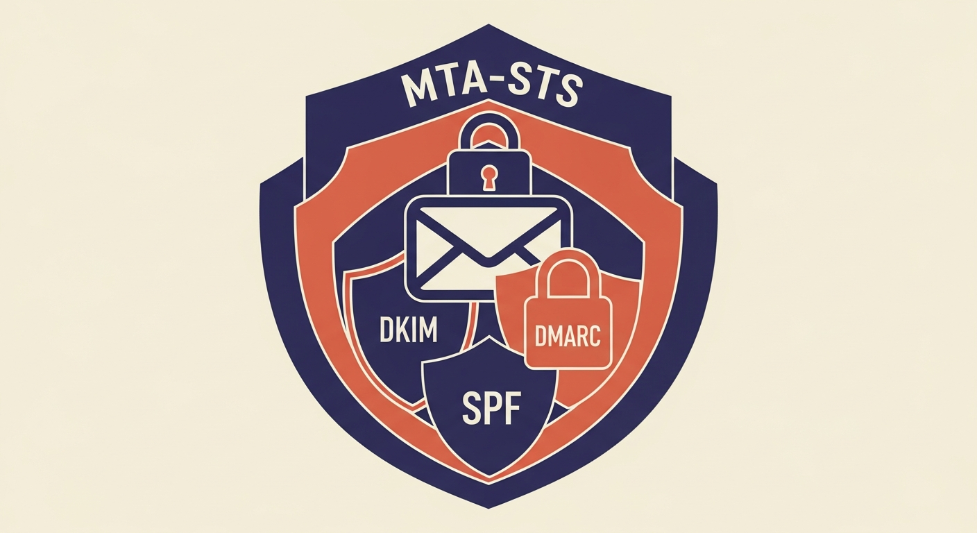 An abstract illustration showing multiple layers of email security, including DMARC, SPF, DKIM, and MTA-STS.