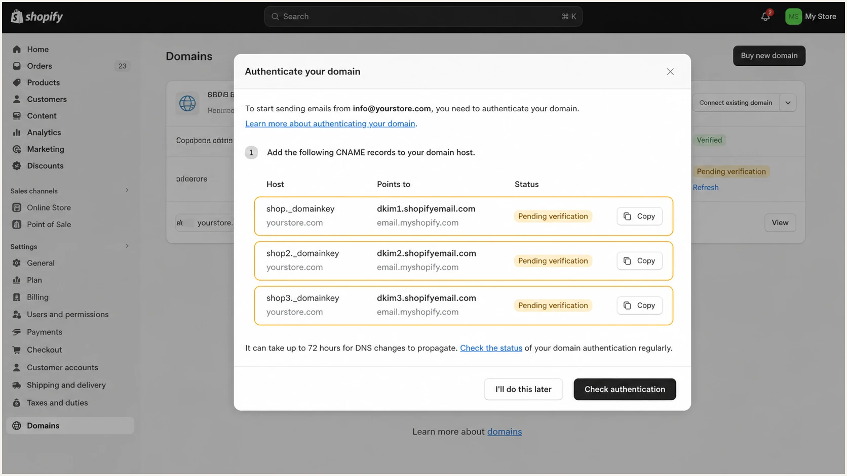 Shopify authentication modal showing three DKIM CNAME records