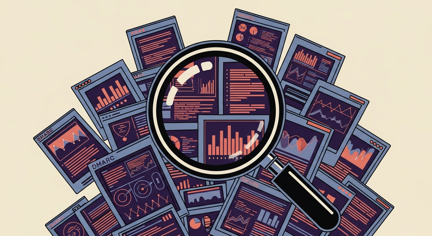 Magnifying glass analyzing DMARC reports