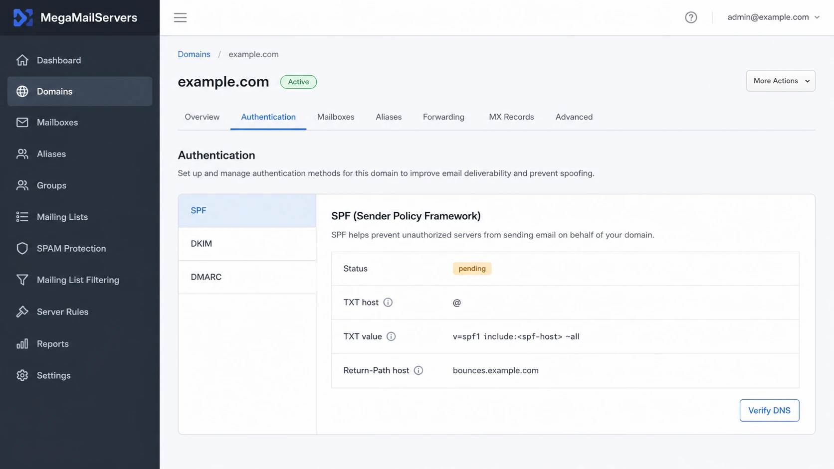 MegaMailServers SPF setup panel showing TXT value and Return-Path host