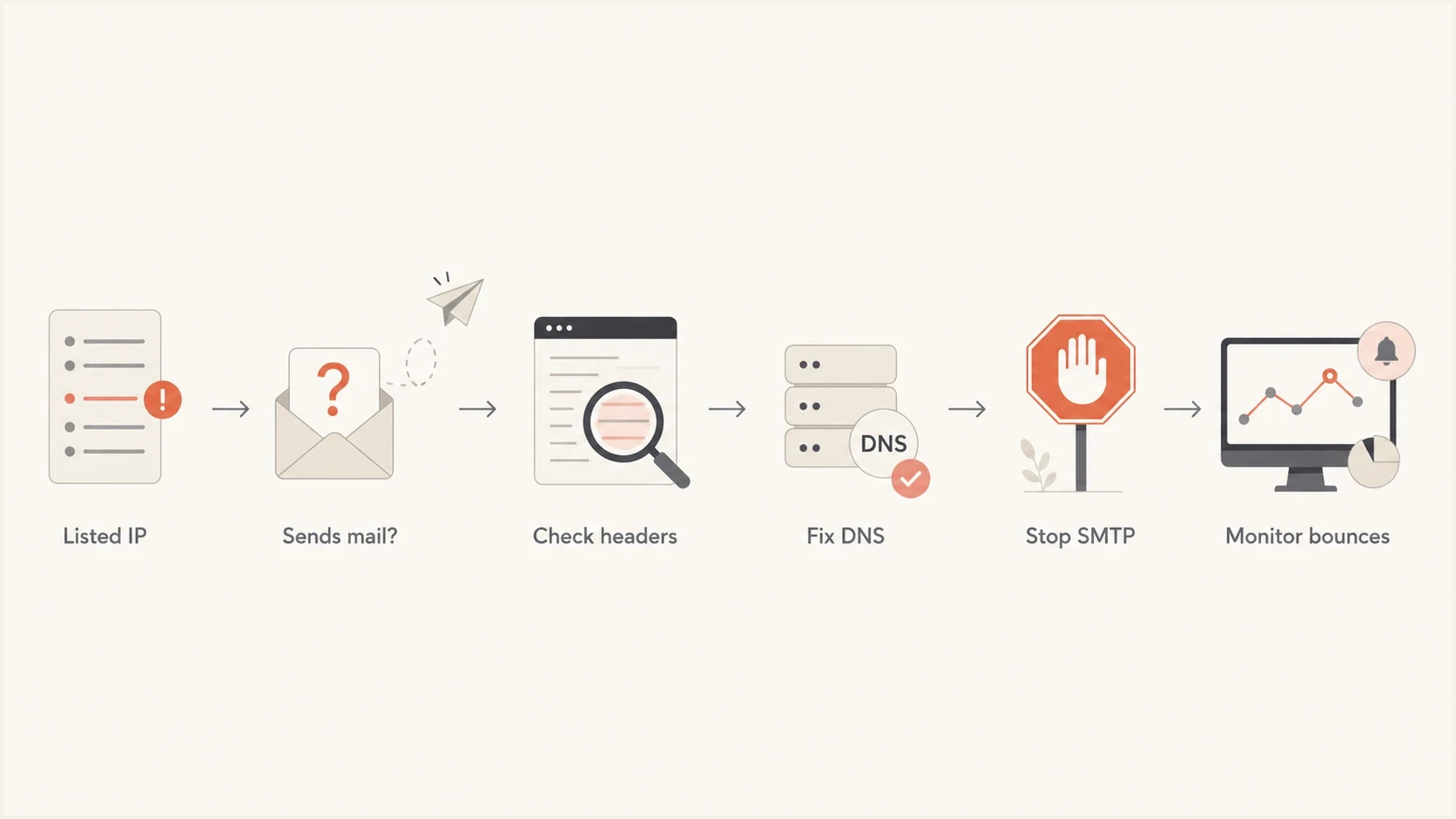SpamRATS blacklist response flow for tracing a listed IP, fixing the cause, and monitoring bounces.