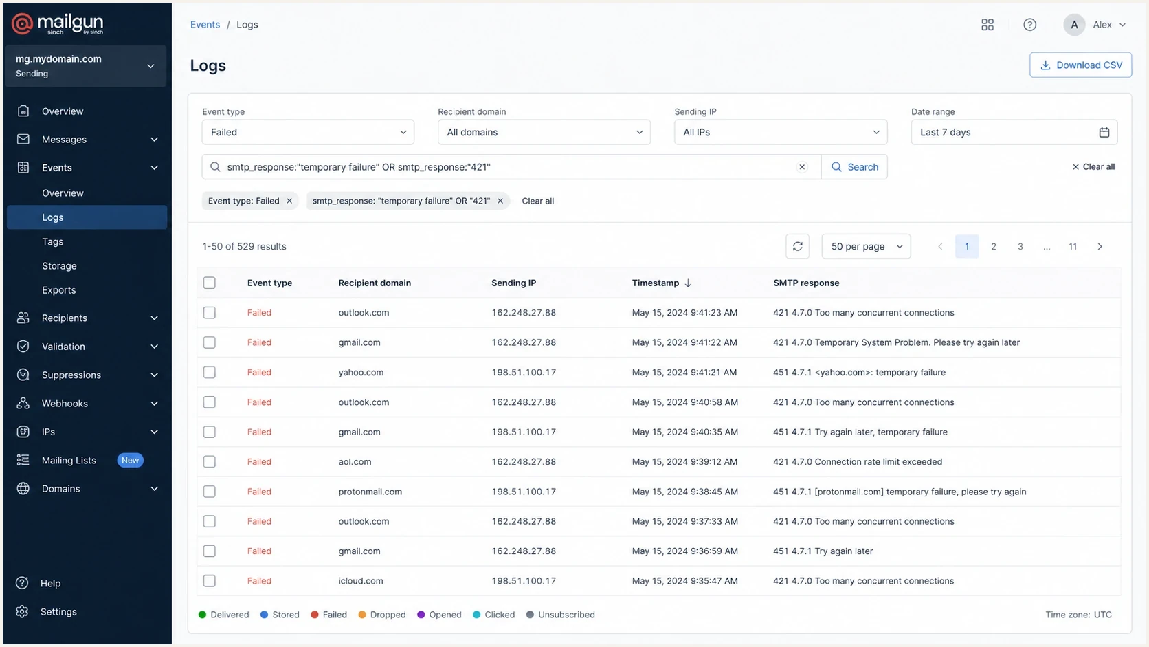 A Mailgun logs screen filtered to temporary connection-limit failures.