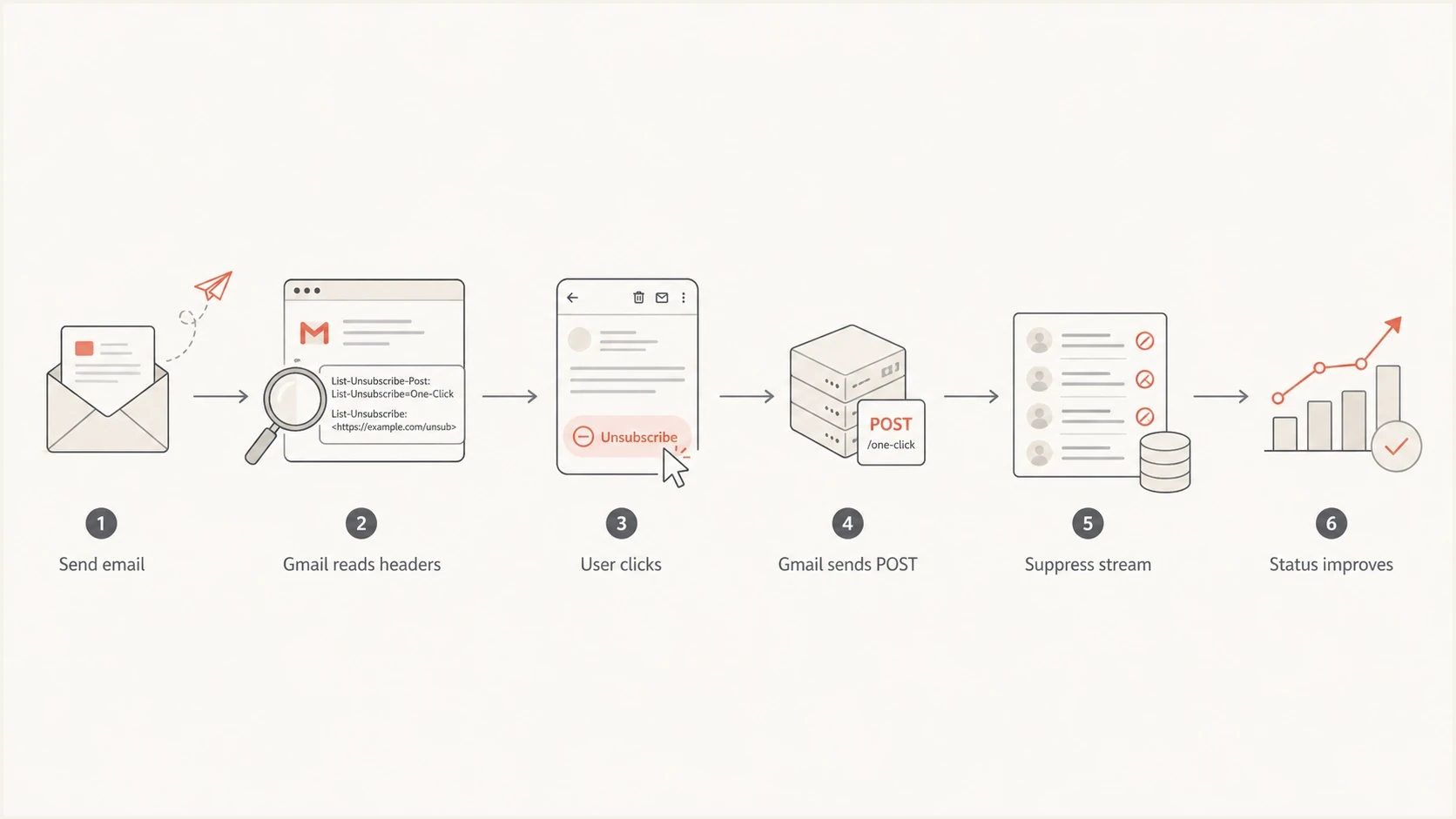 RFC 8058 one-click unsubscribe flow from Gmail header check to stream suppression.