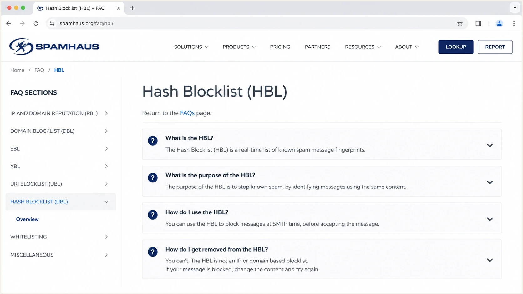 Spamhaus Hash Blocklist FAQ covering HBL purpose, use, and removal.