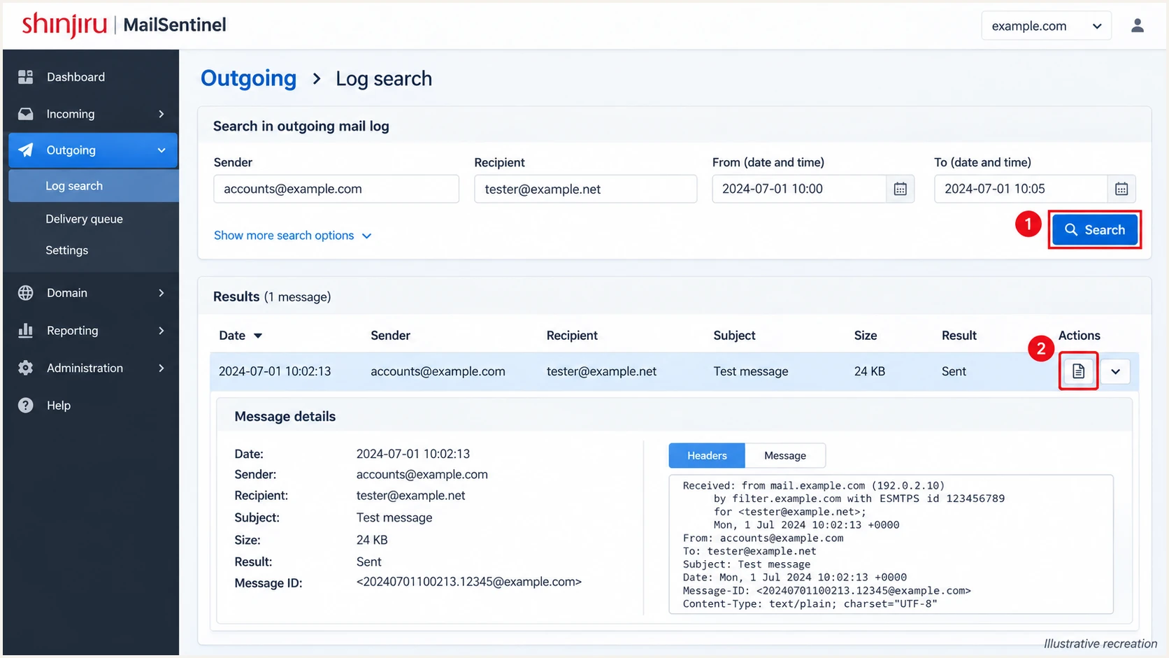 Illustrative MailSentinel outgoing log search for tracing a test message.