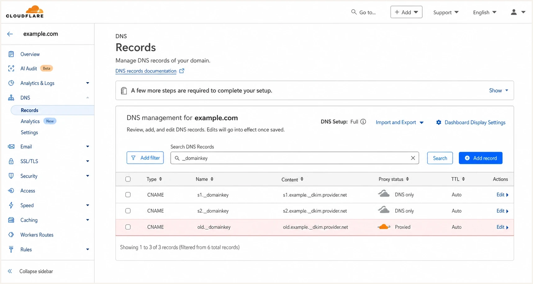 Cloudflare DNS records page with DKIM CNAME records set to DNS only.