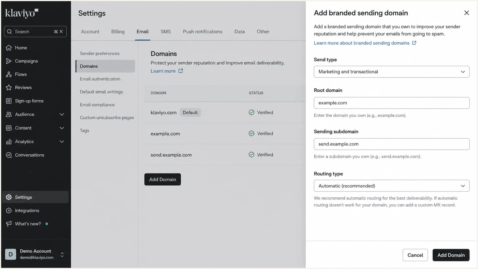 Klaviyo Domains settings showing the branded sending domain setup flow.