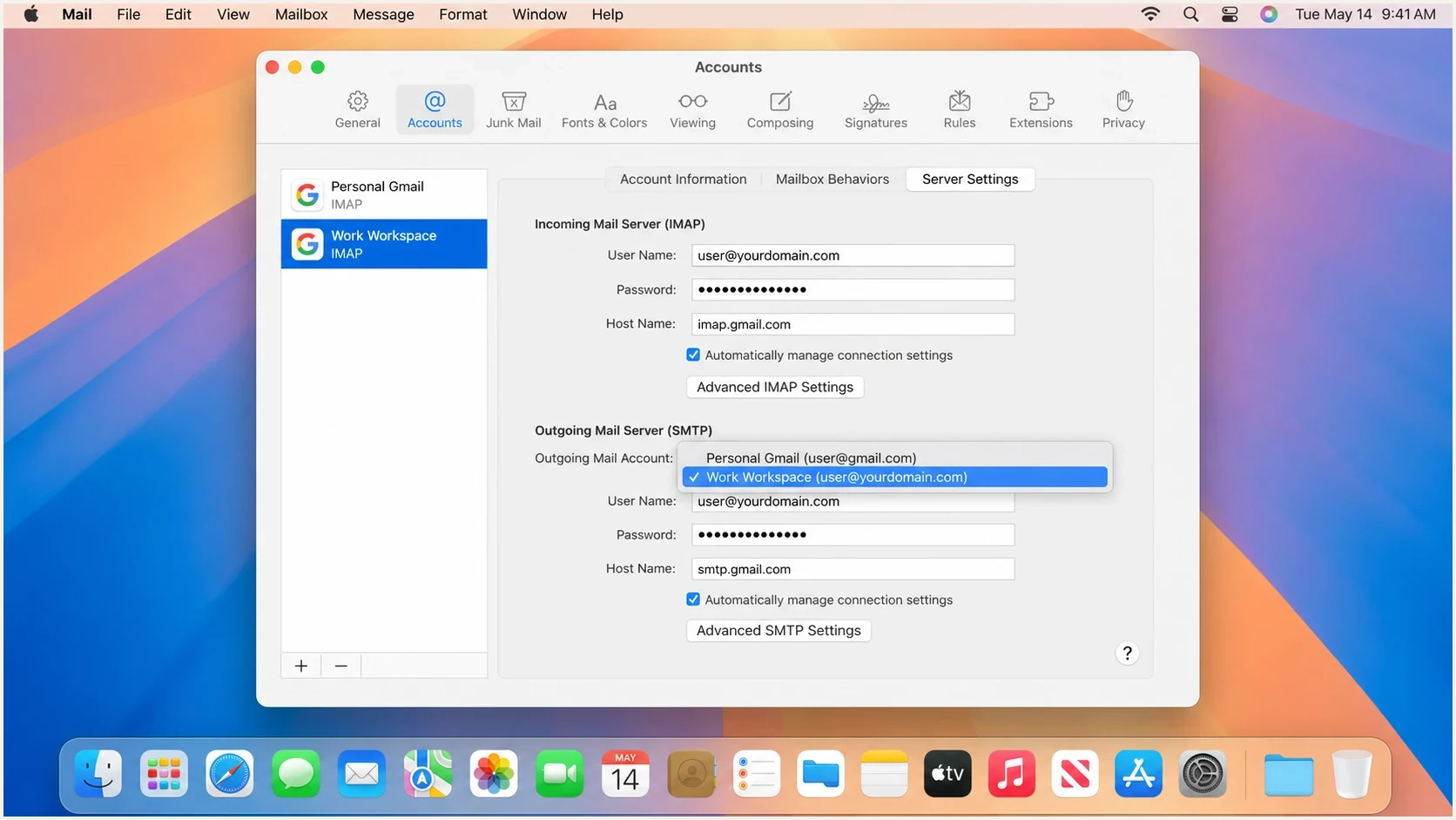 Apple Mail Server Settings with the correct Workspace outgoing account selected.