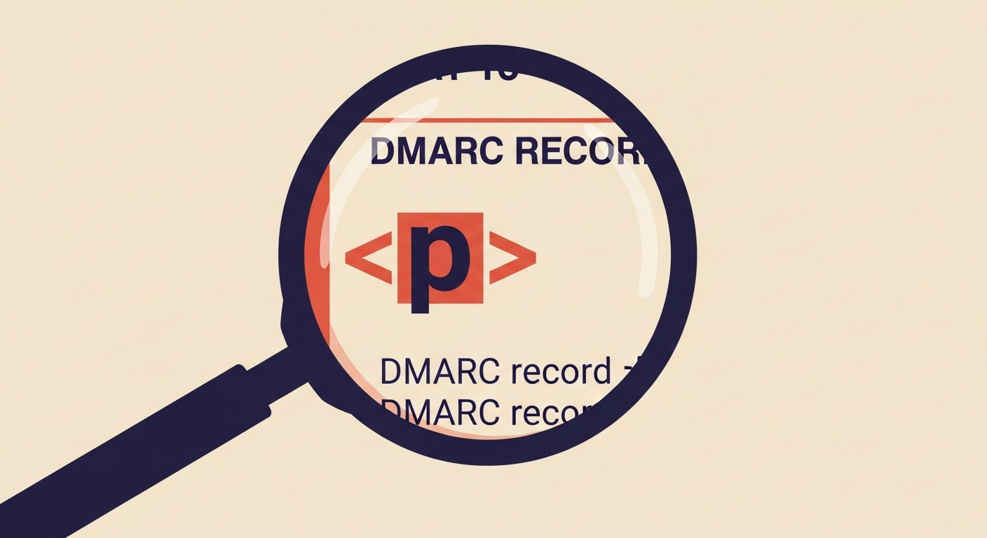 Magnifying glass examining the 'p' tag in a DMARC record