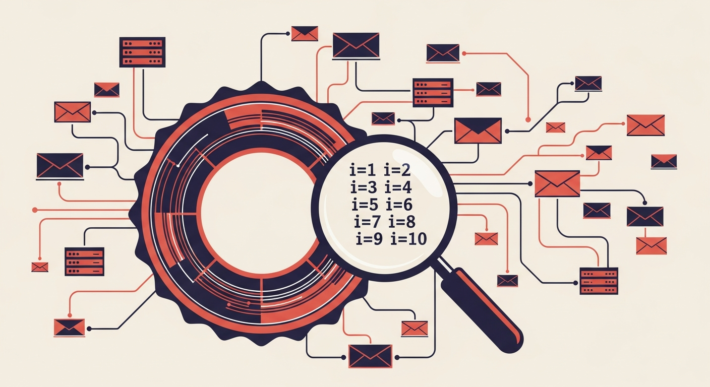 Abstract illustration of email forwarding chain with ARC seals and instance numbers