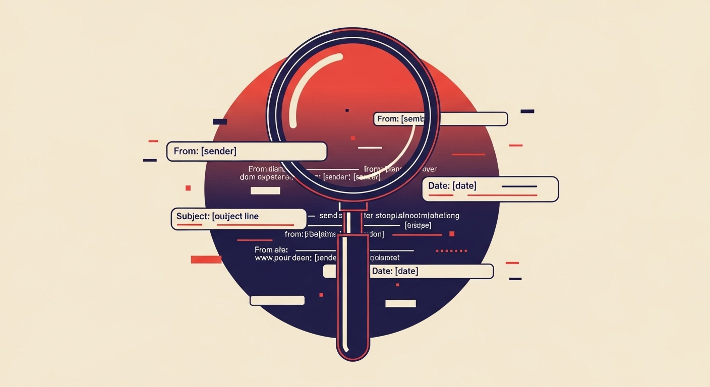 Magnifying glass examining email data fragments, illustrating DMARC forensic reports.