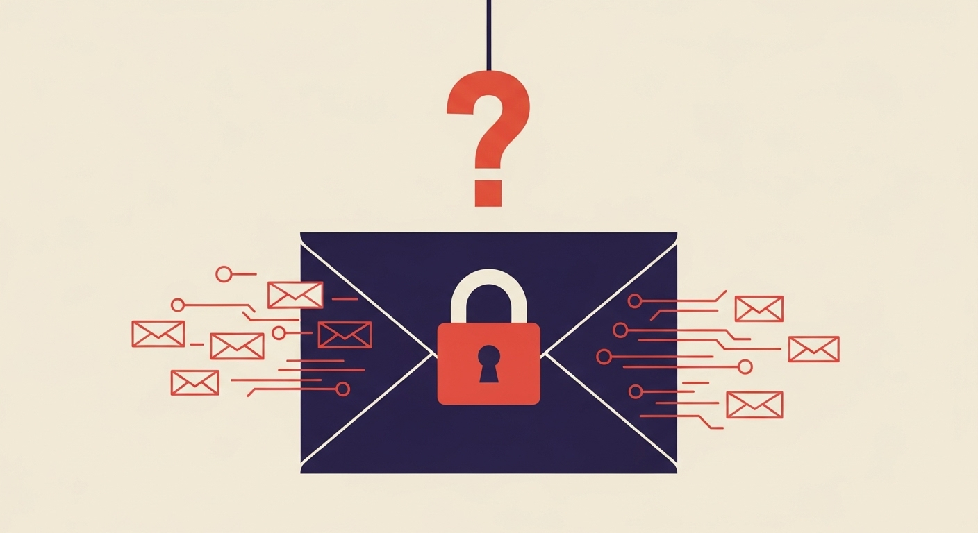 An email envelope with a padlock, symbolizing DMARC's role in email security, with data packets flowing around it.
