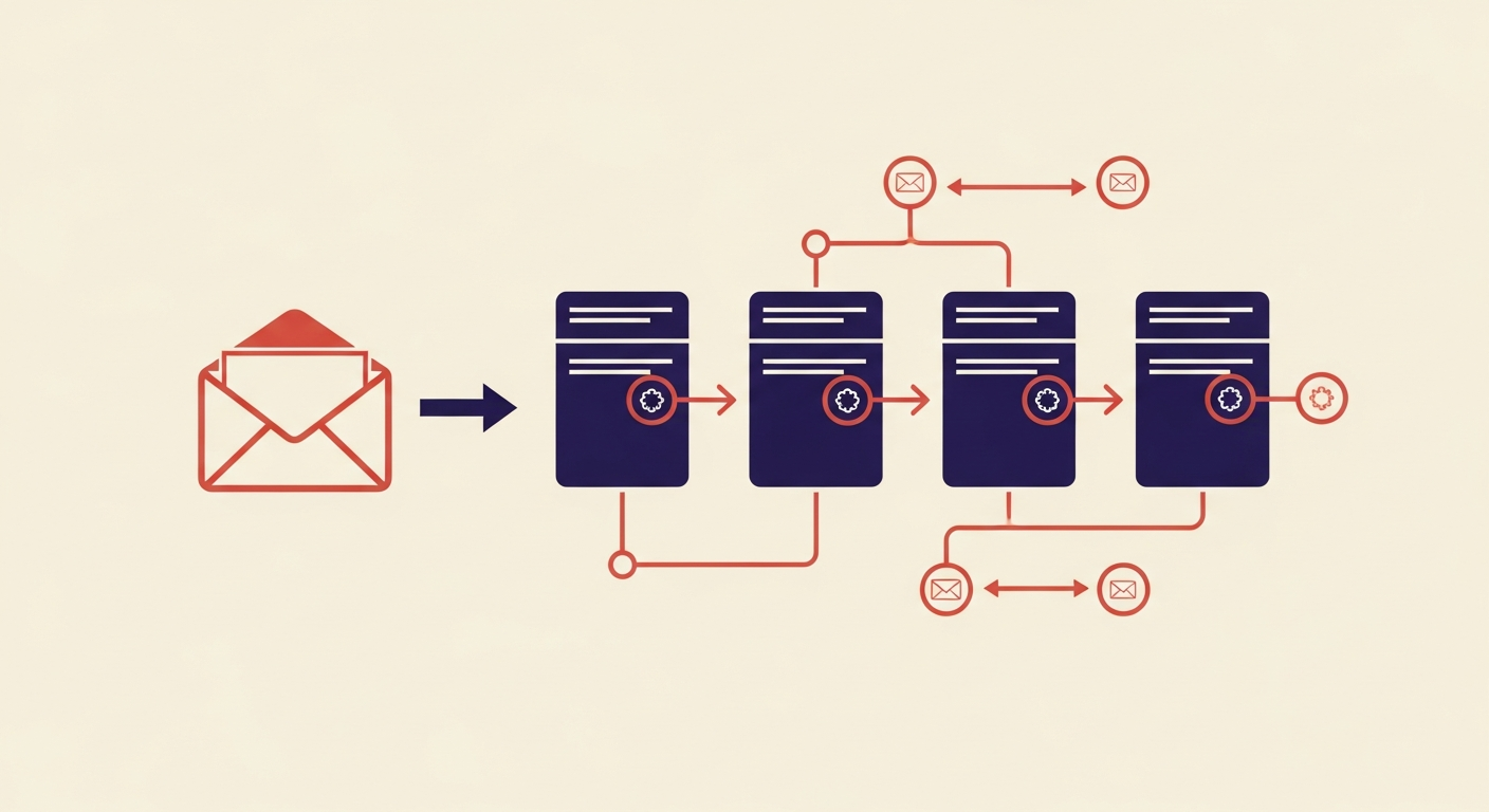 An illustration showing how email authentication results are preserved across multiple hops.