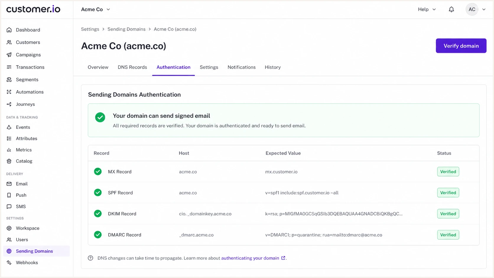 Customer.io verified sending domain with green checks for authentication records.