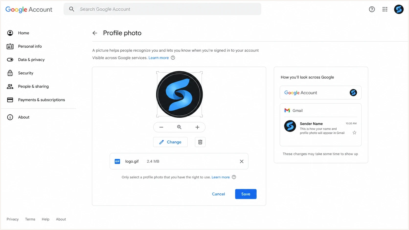 Google Account profile photo settings with GIF avatar preview for Gmail.