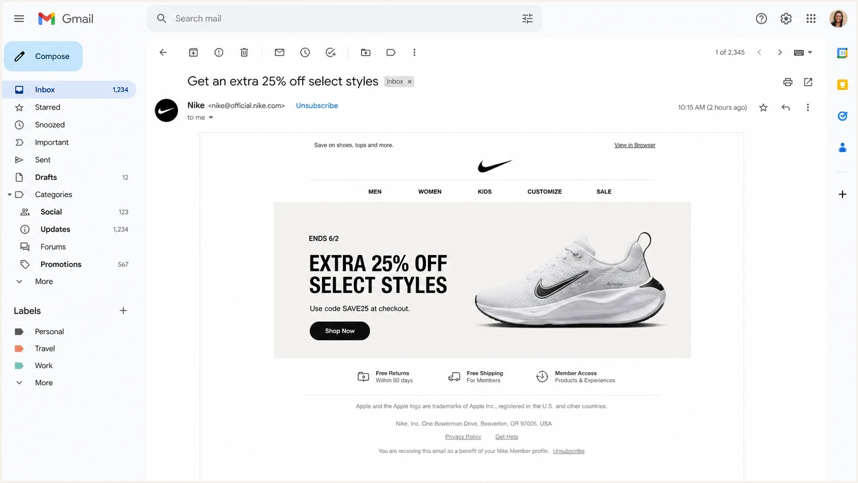 Gmail message view with a native unsubscribe link beside the sender and a footer link.
