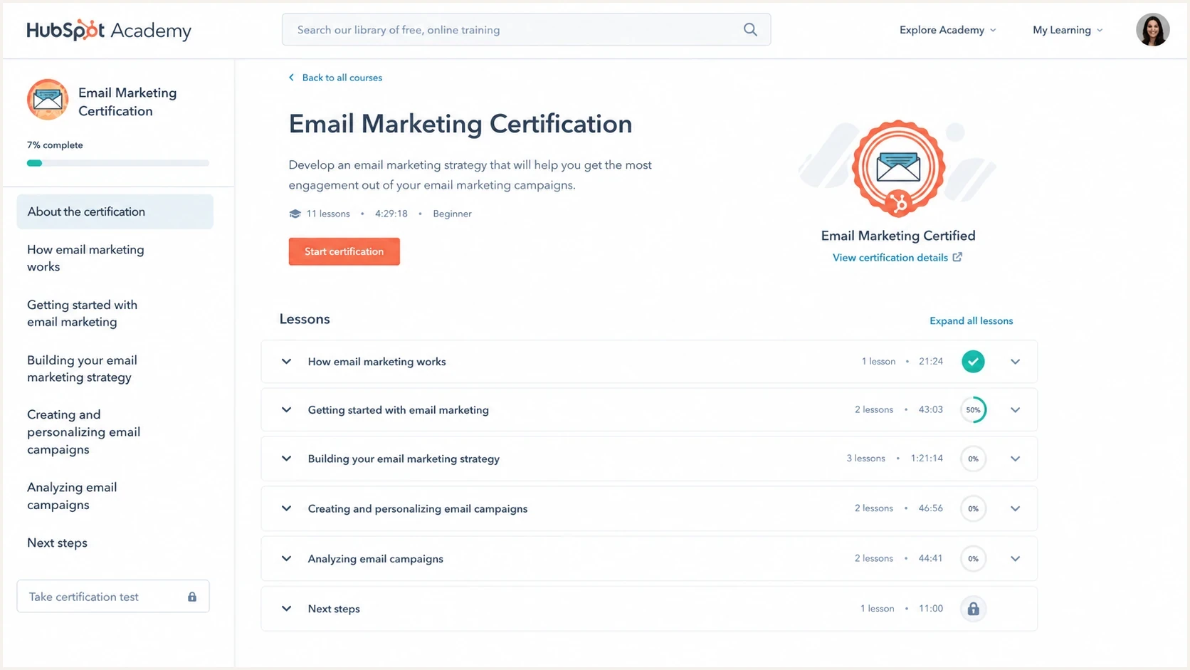 Screenshot-style view of a HubSpot Academy email marketing course page with lessons and certification details.