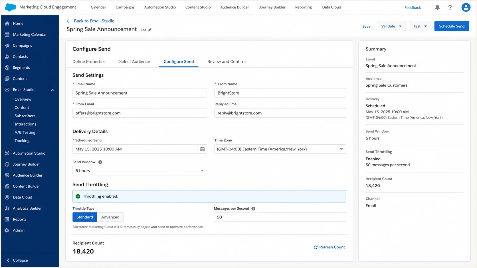 Salesforce Marketing Cloud Engagement send settings with throttling enabled.