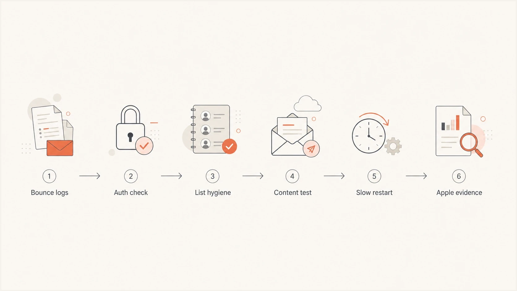 iCloud blocking troubleshooting flowchart covering bounce logs, authentication, list hygiene, content testing, restart, and Apple evidence.