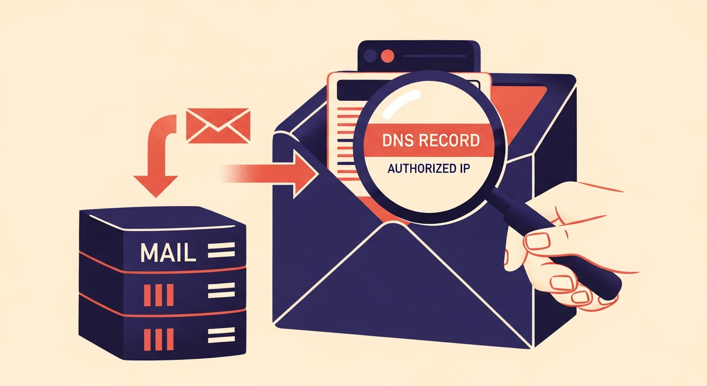 Diagram showing an email server performing an SPF check against DNS records