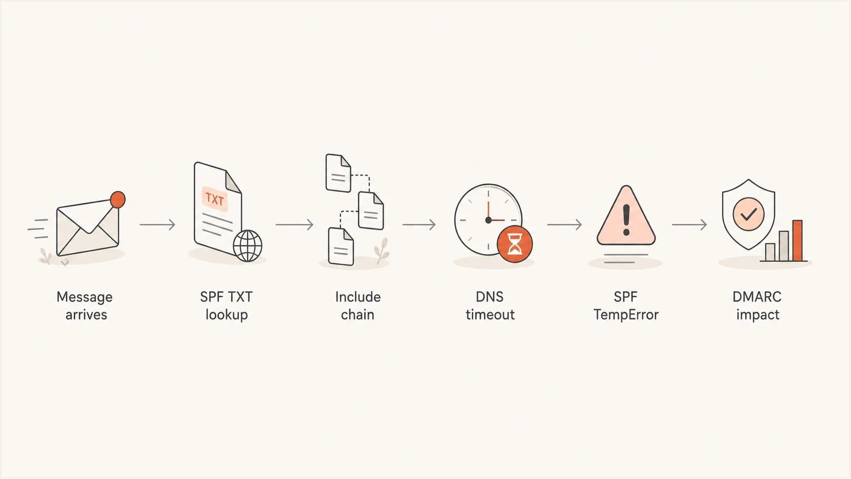 SPF DNS lookup timeout flow leading to Microsoft TempError and DMARC impact.