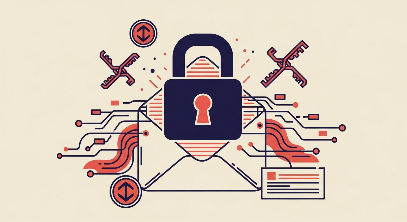 An illustration of secure email authentication with a digital lock and envelope.
