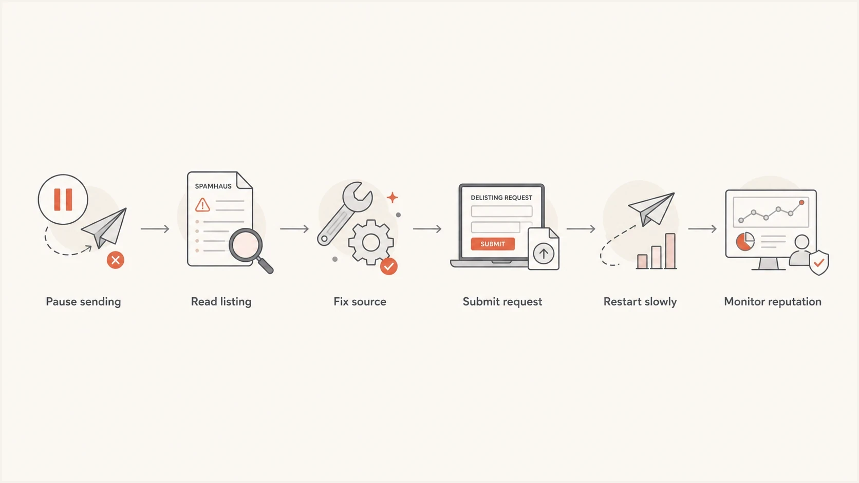 Spamhaus blacklist delisting flowchart with six remediation and restart steps.