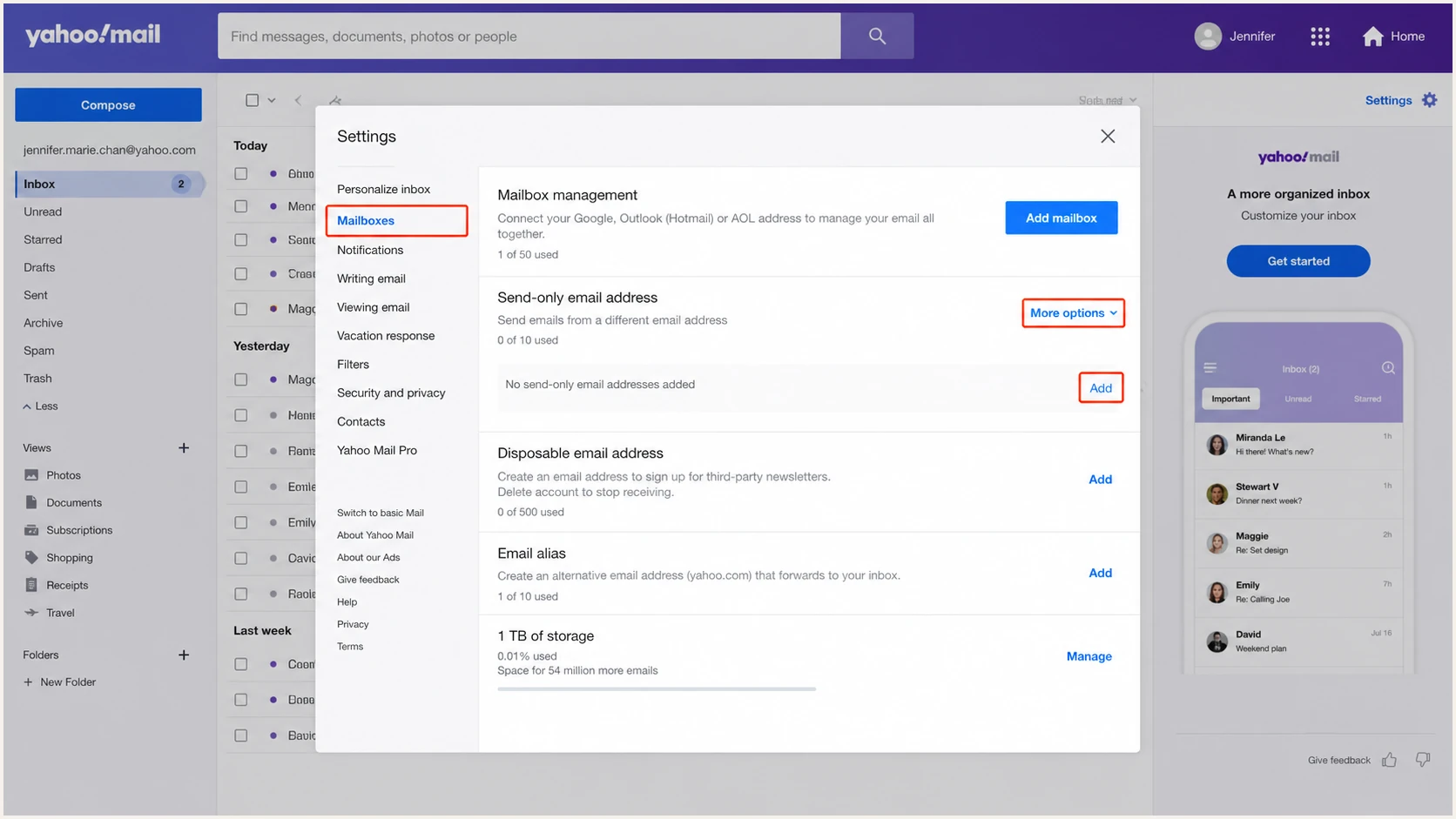 Yahoo Mail settings for adding a send-only address